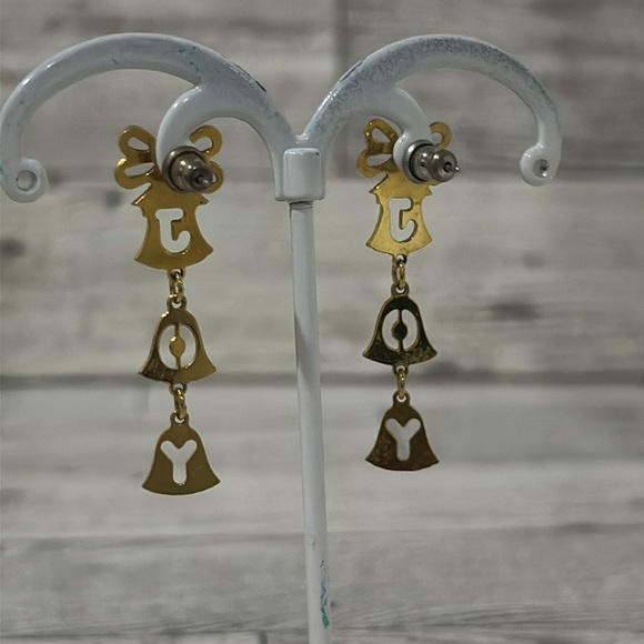 Vintage Christmas gold joy bell dangling earrings - Picture 4 of 4